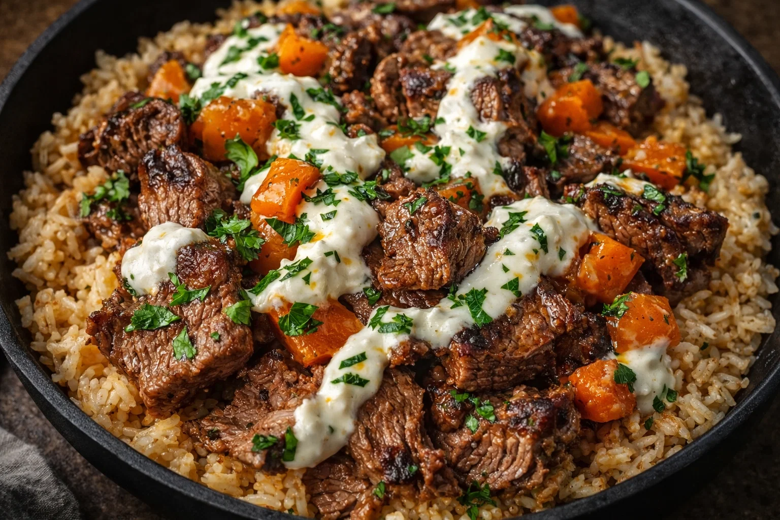 Creamy Queso Rice with Juicy Steak Strips