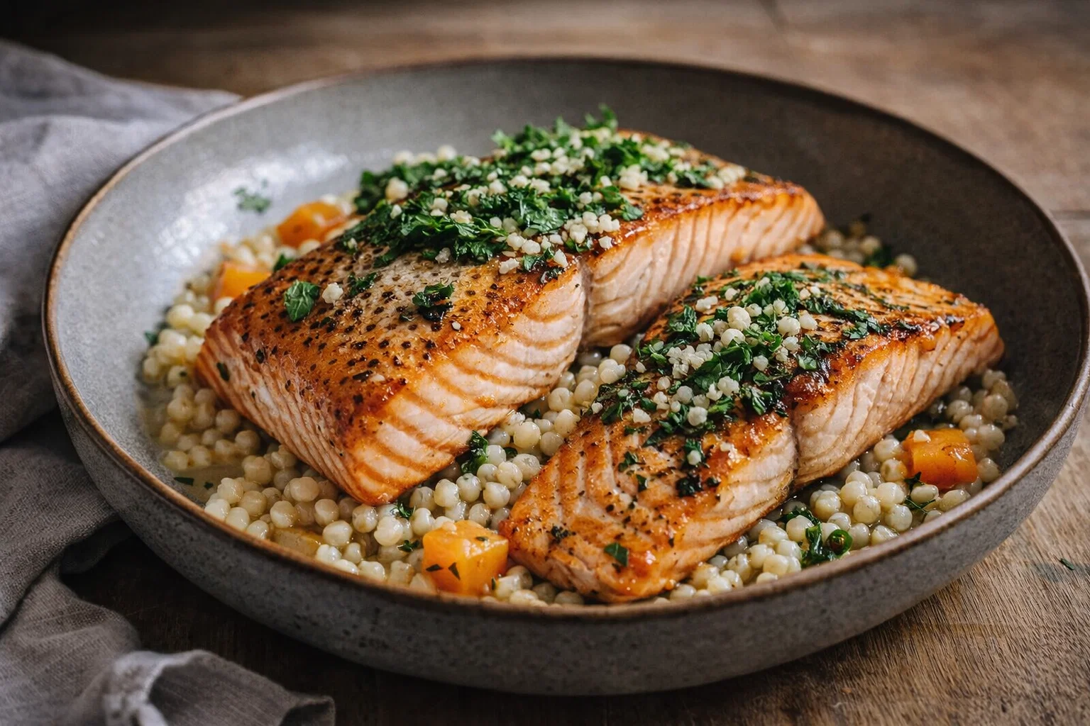 Herbed Pearl Couscous and Salmon